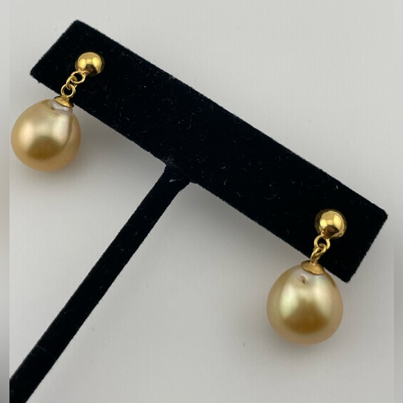Authentic South Sea Pearl Drop Earrings (Champagne) 12–12.8mm | 14K Gold - Picture 3 of 9